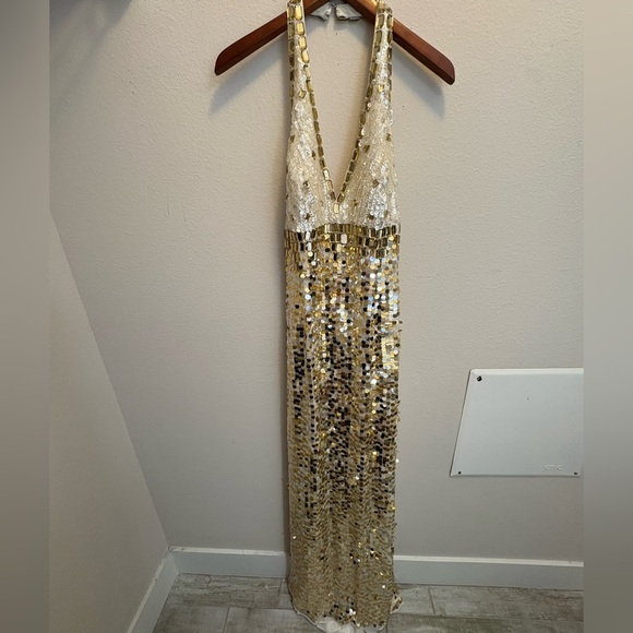 JOVANI Gold, Silver & White Sequin Beaded Halter Neck Gown - Picture 2 of 5